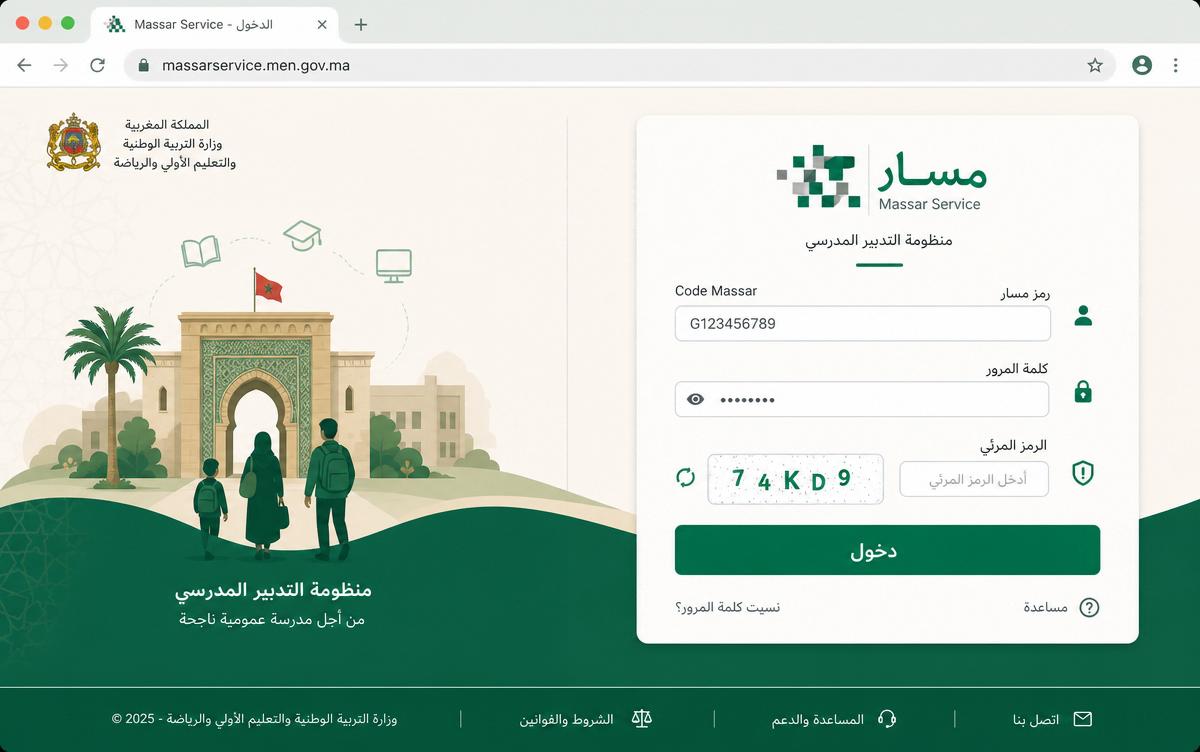 واجهة صفحة تسجيل الدخول إلى Massar Service